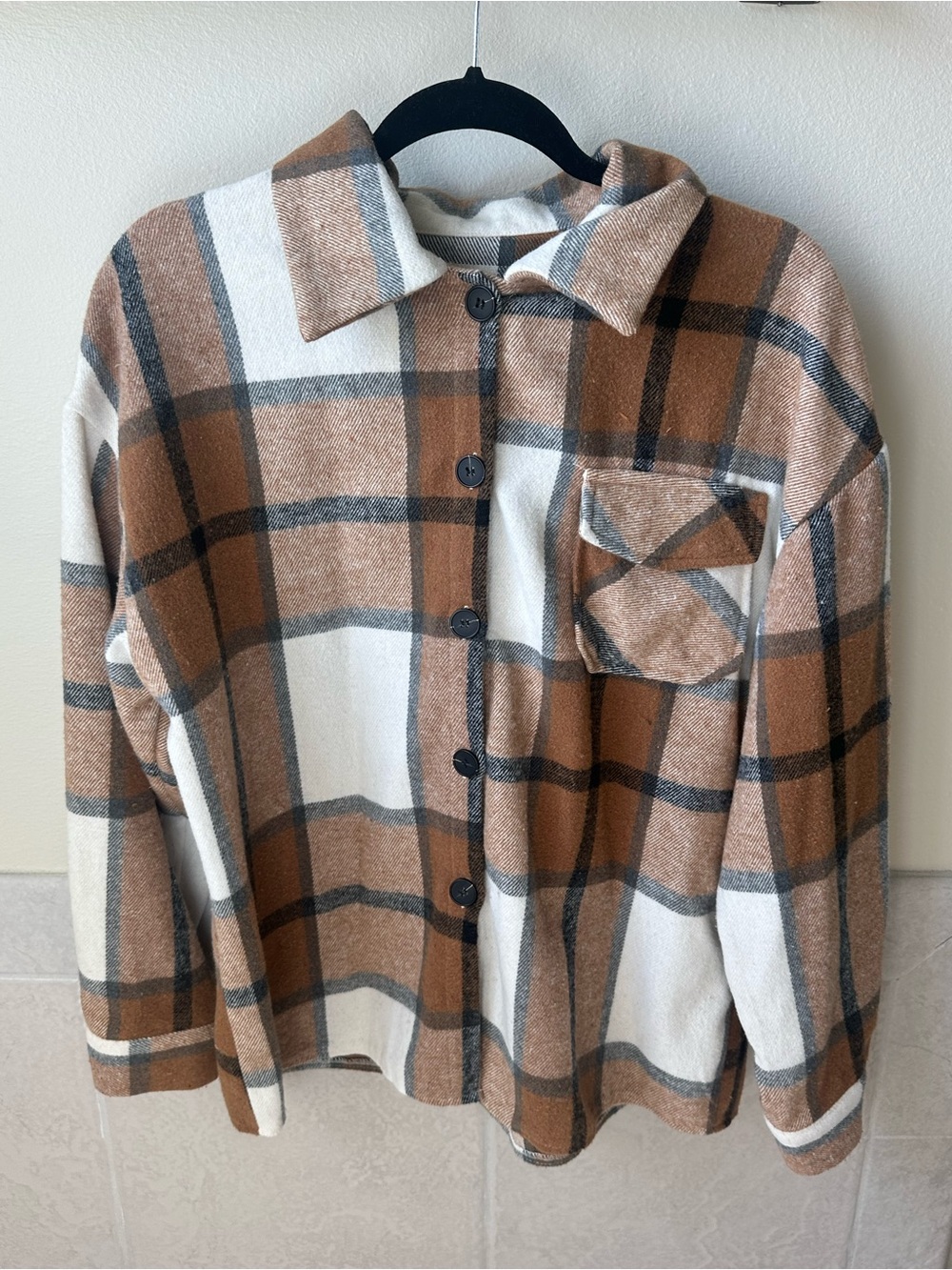 Plaid Button-Up Shacket in Brown & Cream